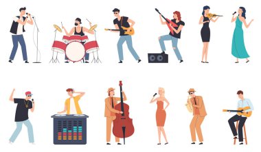 Müzisyenler ve şarkıcılar. Farklı müzik tarzları. Farklı enstrümanlar çalan insanlar. Müzik festivalleri.