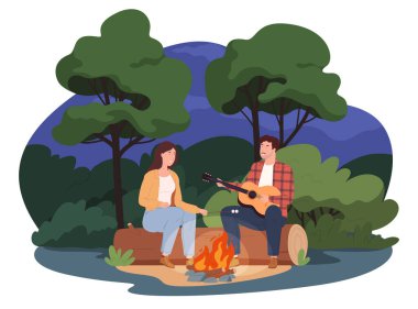 Kamp ateşiyle kamp yapmak. Bir erkek ve bir kadın kendilerini ısıtır ve gece ateşin başında dinlenirler. Doğada aktif eğlence..