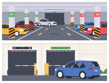 Şehirdeki otoparklar için yeraltı otoparkı. Süpermarketlerdeki kompakt araba parkı, yüksek binalar.