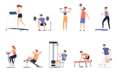 Erkekler ve kadınlar spor salonunda spor yapıyor. Jimnastik, egzersiz makineleri, halter. Vücudu fiziksel olarak iyi durumda tutmak..