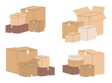 Farklı açılarda karton kutular kümesi.