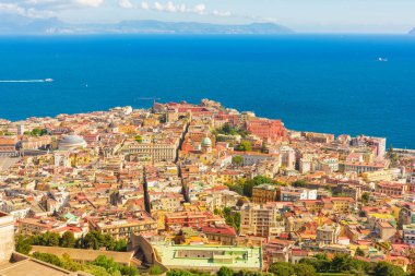 Aerial view of Naples city with Mediterranean sea, Campania, Italy. Cityscape of Napoli. Travel destination