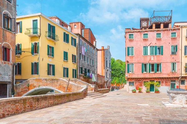 Beautiful View Old Square Colorful Buildings Bridge Old Town Venice — Stock Photo, Image