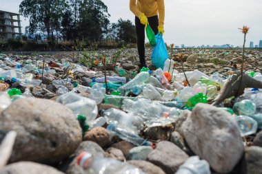 Erkek gönüllü, plajda çöp torbasında plastik şişe topluyor. Dünya günü, çevre koruma, plastik kirliliği kavramı