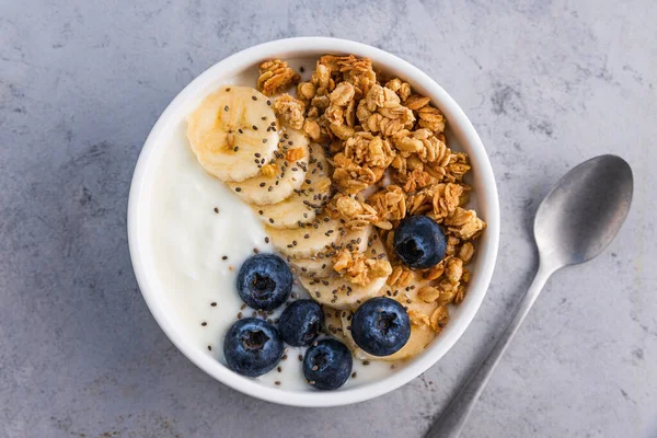 Gesundes Frühstück Schüssel Griechischer Joghurt Mit Haferflocken Früchten Nüssen Und — Stockfoto