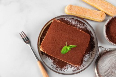 Kahve fincanı ve çatalla geleneksel İtalyan tatlı tiramisusu. Beyaz masada taze naneli ev yapımı tiramisu kek porsiyonu. Kopyalama alanı olan üst görünüm. Lezzetli yemek.