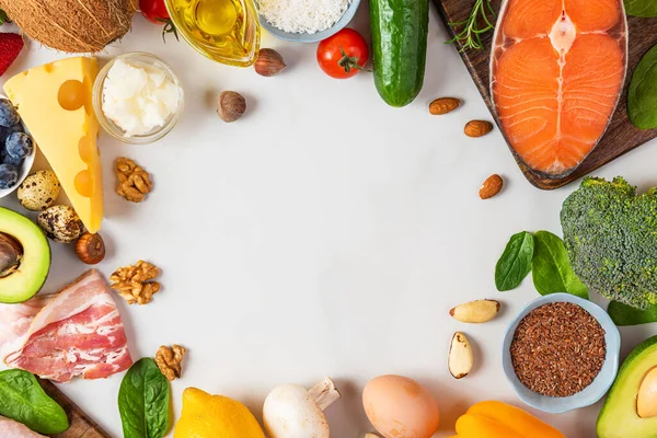 Egészséges Kiegyensúlyozott Diétás Ételek Keto Alacsony Szénhidráttartalmú Atkins Diéta Koncepció — Stock Fotó