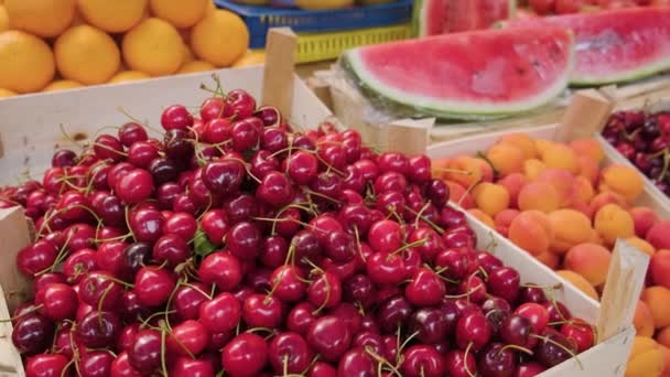 地元のストリートフード市場でのカウンターで新鮮な果物やベリー 農業と農業の概念 ビーガン ベジタリアンフード 閉じろ — ストック動画