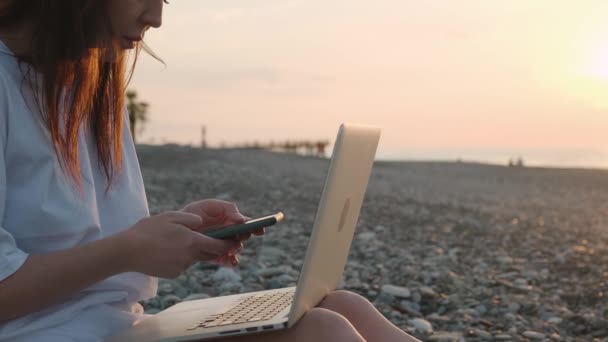 Digital Nomad Kvinna Som Arbetar Med Bärbar Dator Och Mobiltelefon — Stockvideo
