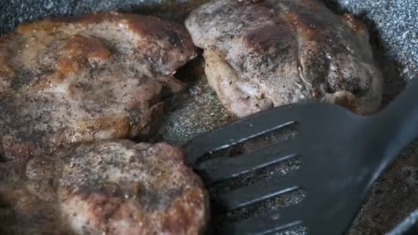 Cooking Pork Steak Frying Pan Chef Frying Meat Turning Preparetion — Stock Video