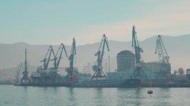 Batumi, Gürcistan - 30 Kasım 2022: Turna siluetleriyle, gemileriyle, feribotlarıyla gün doğumunda. Lojistik, endüstri, gemicilik, ticaret konsepti.