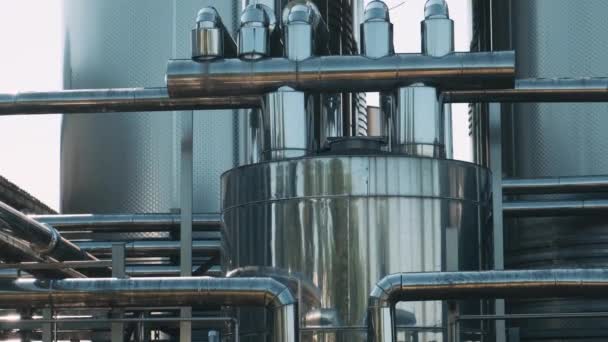 Stainless Steel Pipes Storage Tanks Industrial Wine Production Metal Pipeline — Stock Video