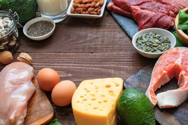 Yüksek protein kaynaklarından yapılmış çerçeve. Balık, et, kümes hayvanları, peynir, yumurta, tohum, sebze ve süt. Sağlıklı beslenme ve dengeli gıda kavramı. Keto ve düşük karbonhidrat diyeti. Hayvan ve sebze