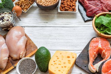 Beyaz ahşap arka planda yüksek proteinli besin kaynaklarından yapılmış bir çerçeve. Balık, et, kümes hayvanları, peynir, yumurta, tohum, sebze ve süt. Sağlıklı beslenme ve dengeli gıda kavramı. Keto ve düşük karbonhidrat