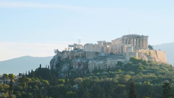 Ακρόπολη Των Αθηνών Στην Ελλάδα Ναό Του Παρθενώνα Στην Κορυφή — Αρχείο Βίντεο