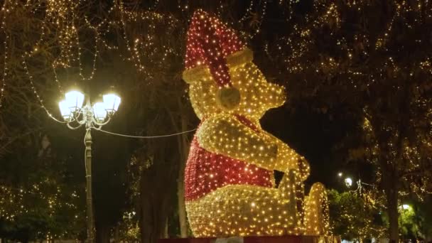 Weihnachts Teddybär Der Nacht Auf Dem Geschmückten Und Beleuchteten Syntagma — Stockvideo