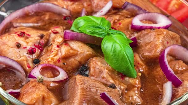 익지않는 소고기 돼지고기 고기는 마리네이트 배경에 향신료에 익지않는 Shashlik Bbq — 비디오