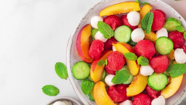Fruit Summer Salad Made Fresh Fruits Mozzarella Cheese Cucumbers Mint — Stock Video