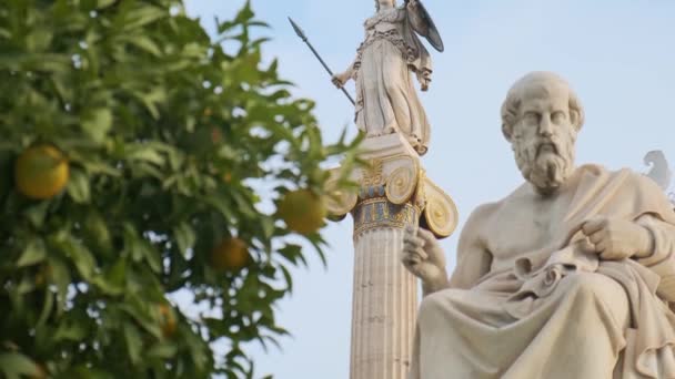 Yunanistan Daki Atina Akademisi Nden Plato Heykeli Mandalina Ağacıyla Athena — Stok video