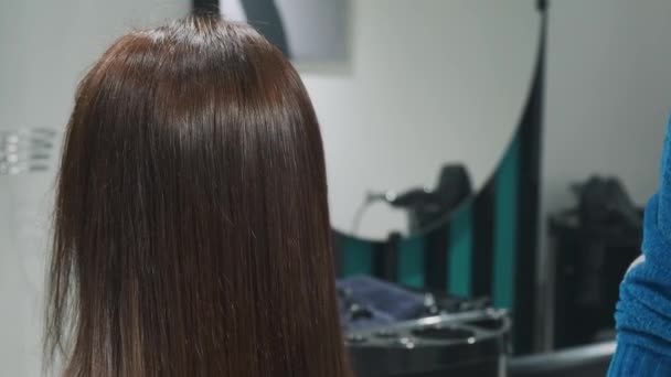 Friseur Föhnen Die Haare Schönheitssalon Mit Haartrockner Frau Mit Glatten — Stockvideo