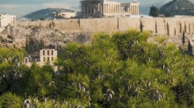 Atina 'nın Akropolü, güneş doğarken tepedeki Parthenon tapınağıyla birlikte. Avrupa 'da popüler yaz tatili tatil beldesi.