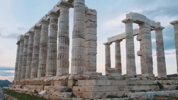 Templo Poseidón Cabo Sounion Atardecer Ática Grecia Arquitectura Griega Antigua — Vídeos de Stock