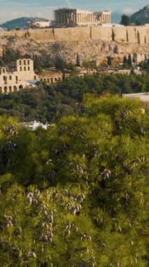 Yunanistan 'ın Akropolis kentindeki Parthenon Tapınağı, güneşli bir günde tepenin zirvesinde. Avrupa 'da popüler yaz tatili tatil beldesi. Dikey oryantasyon. Odaklan.