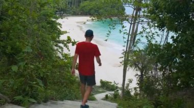 Köpekli bir gezgin, turkuaz su okyanusuyla tropikal kumlu sahile çıkan taş merdivenlerden aşağı doğru yürür. Tayland 'ın Phuket adasındaki Özgürlük plajına yürüyen erkek turist..