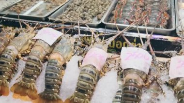 Çin 'in Bangkok, Tayland kentindeki gece pazarında buzda sergilenen ıstakoz, istiridye ve yengeçler de dahil olmak üzere çeşitli taze deniz ürünleri. Sağlıklı diyet yemekleri.