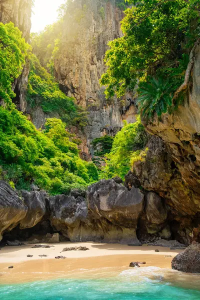 stock image Hidden sandy beach in Phra Nang cave with nobody, Railay Bay, Krabi, Thailand. Secret tropical beach with turquoise water, green plants and rocks. Summer holiday and vacation background. Vertical