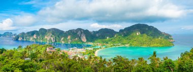 Panorama of tropical island Phi Phi Don in Andaman sea. Crabi, Thailand, Krabi, Thailand. Aerial view. Popular touristic vacation holiday destination. clipart