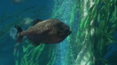 Yeşil yosunlar ve kabarcıklarla akvaryumda yüzen piranha balıkları. Su altında vahşi yaşam.