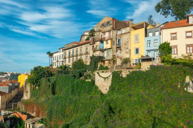 Porto, Portekiz. Güneşli bir günde, eski kasabadaki tepenin üzerindeki renkli ortaçağ binalarında. Avrupa 'nın popüler turistik beldesi.