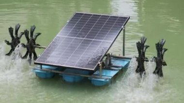 Sürdürülebilir su yönetimi için gölette dönen raketleri olan güneş enerjili su havalandırma sistemi. Güneş paneli yüzen platforma suyu döndüren kürek tekerleği havalandırıcılarıyla monte edildi. Güneş