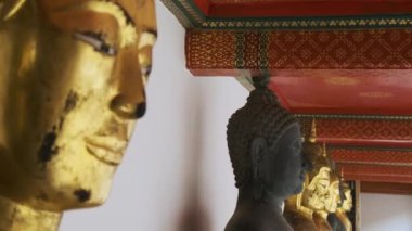 Bangkok, Tayland, Asya 'daki Wat Pho Tapınağı Kompleksindeki altın ve siyah Buda heykelleri. Orada tahtlara yaslanırlar. Kapatın. Buda. Popüler seyahat simgesi.