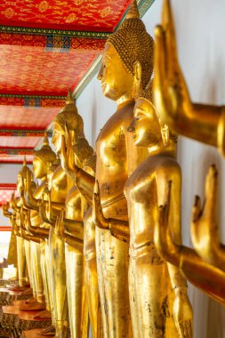 Golden Buddha statues in Wat Pho Temple Complex standing in a row in Bangkok city, Thailand, Asia. Temple of the Reclining Buddha. Vertical orientation. Popular tourist landmark. clipart