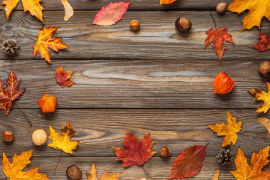 Sonbahar ve Şükran Günü kompozisyonu. Kurumuş yapraklar, çiçekler, fındıklar, ahşap arka planda kestaneler. Düz konum, kopyalama alanı olan üst görünüm.