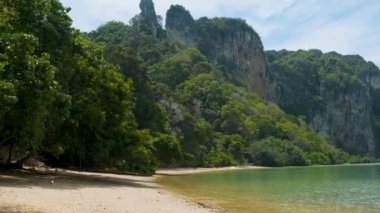 Turkuaz suyu, yemyeşil yeşillik ve Tayland 'ın Krabi eyaletindeki kireçtaşı kayalıkları olan Railay kumlu plajı. Asya 'da popüler turistik tatil beldesi.