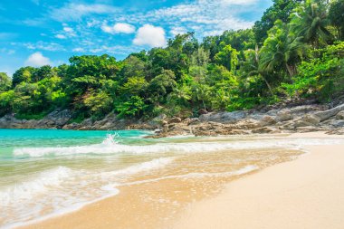 Tayland 'da Phuket Adası' nda kimsesiz özgürlük plajı. Kristal berrak suları, kumlu kıyıları, palmiye ağaçları ve parlak mavi gökyüzünün altında yeşil yaprakları olan tropik bir sahil. Popüler yaz ve kış tatili