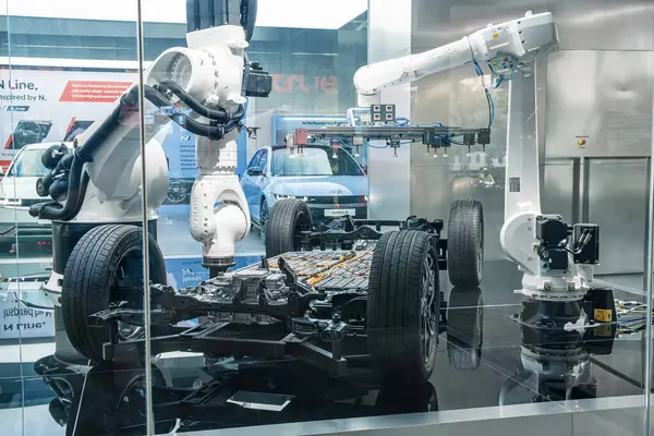Bangkok, Tayland - 21 Şubat 2025: Otomatik robotik silah montajlı yüksek teknolojili otomotiv imalatı Hyundai elektrikli araba aküsü. Temiz enerji, yenilik