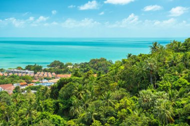 Tayland 'daki Koh Samui adasında güneşli bir gökyüzü altında yemyeşil palmiye ağaçları, villalar ve turkuaz deniz manzaralı tropik kıyı manzarası. Asya 'da yaz tatili.