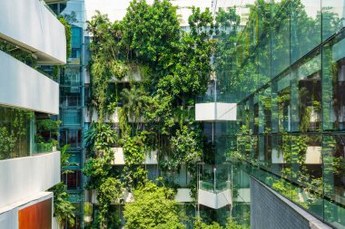 Dikey bahçesi ve yeşil bitkileri olan modern sürdürülebilir alışveriş merkezi binası Tayland 'ın Bangkok şehrindeki kentsel çevrede cam cephelere yansıyor. Yeşil mimari ve ekoloji tasarımı.