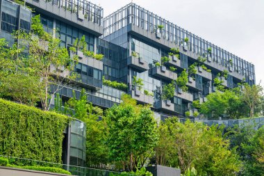 Duvarında yeşil bitkilerin büyüdüğü sürdürülebilir cam ofis cephesi. Tayland 'ın Bangkok şehrinde dikey bahçe. Çevre dostu şehir ortamı. Modern biyofilik ve ekolojik mimari.