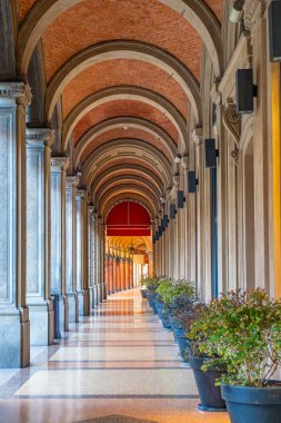 İtalya, Emilia Romagna, Bologna 'daki Piazza Santo Stefano' daki Portico sütunları. Porticolar kemerli yol. İtalyan mimarisi. Dikey oryantasyon. Avrupa 'da seyahat hedefi.