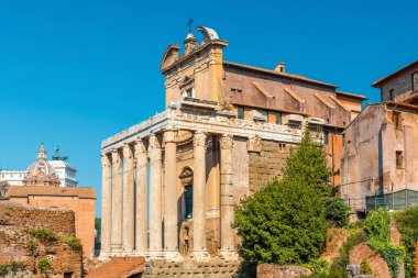 Antoninus ve Faustina Tapınağı, Roma Forumu, İtalya 'daki en çarpıcı antik yapılardan biri. Yüksek mermer sütunlar ve karmaşık oymalarla antik Roma tapınağı kalıntıları. Turistik