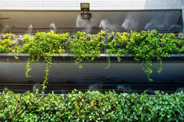 Dikey bahçe ve etkin otomatik sis sistemi bina duvarına sulama ve soğutma sağlıyor, yemyeşil sarmaşıklar ve modern çevre dostu tasarım sergiliyor. Sürdürülebilir tasarım ve işlevsel