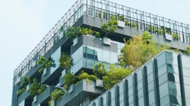 Bangkok City, Tayland 'da ofis camları üzerine dikey bahçesi ve yeşilliği olan modern çevre dostu mimari. Yeşil şehir ve karbondioksiti azaltmak için sürdürülebilir tasarım.