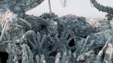 Beyaz bir tapınağın girişindeki acı ve arzuyu simgeleyen uzanan eller heykeli, Chiang Rai, Tayland. Kuzey Tayland 'daki Budist Wat Rong Khun tapınağı. Gerçeküstü heykeller.
