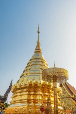 Chiang Mai, Tayland 'daki Budist tapınağı Wat Phra That Doi Suthep' te seremoni şemsiyesi ile altın stupa. Tayland dini mimarisi. Dikey oryantasyon. Seyahat ve turistik dönüm noktası.