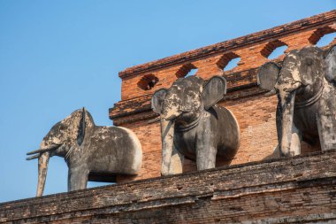 Tayland, Chiang Mai 'de açık mavi gökyüzü altında antik tuğla stupa üzerindeki fil heykelleri. Budist tapınağı. Tayland dini mimarisi. Seyahat ve turistik dönüm noktası.